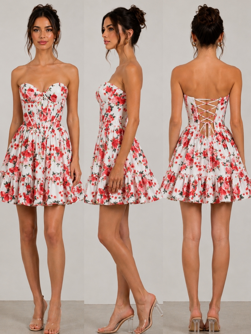 Floral Corset Strapless Dress In White And Red - Jovani
